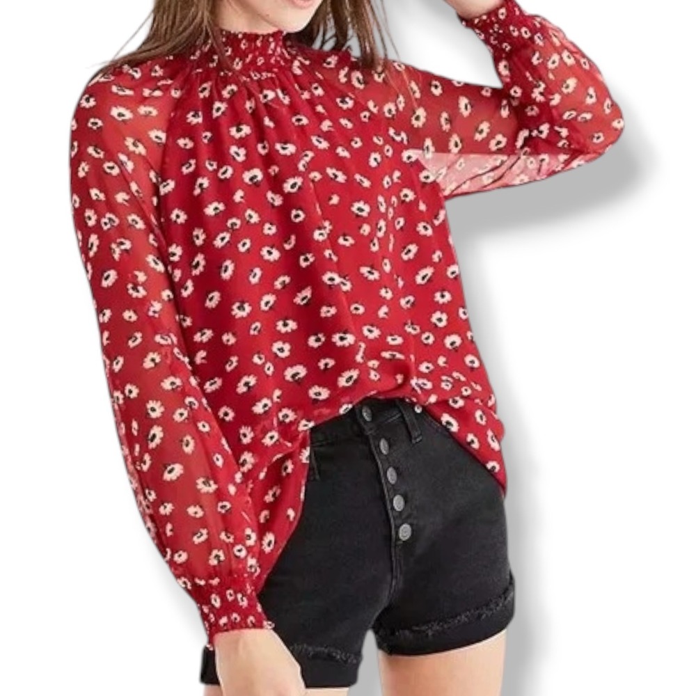 Madewell Red Floral Blouse Smocked Mock Neck M Sheer Sleeve Cottagecore Fall